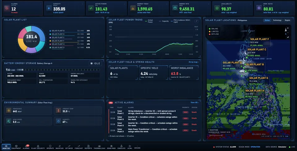 APEX Fleet Overview: KPI strip, plant list, power trend, battery storage, active alarms and a Philippine plant map