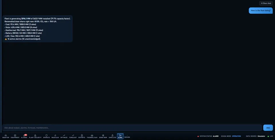 Operations assistant answering a plain-language question about the fleet from the live services